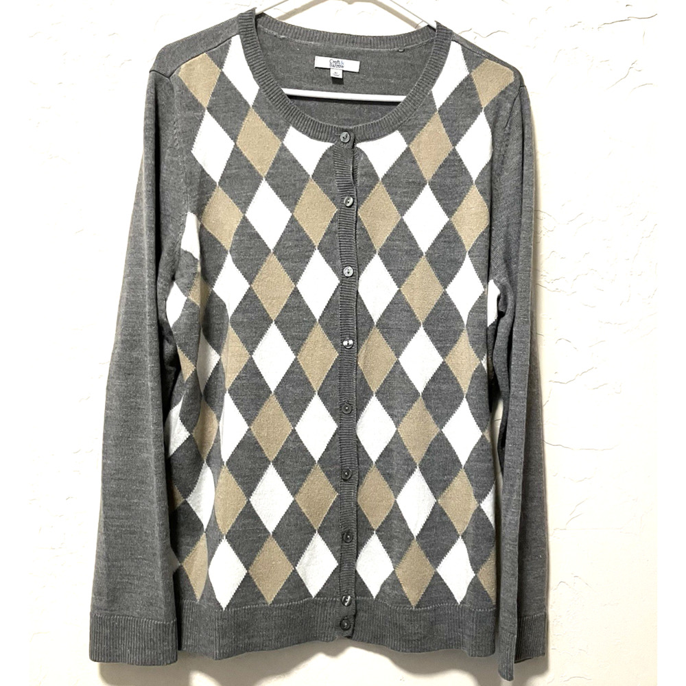 Croft & Barrow Argyle Cardigan Sweater XL Gray Beige White Academia Preppy